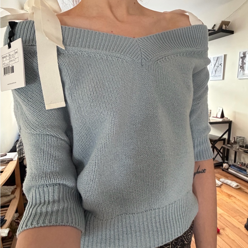 RED Valentino Elegant Off-Shoulder Blue Sweater